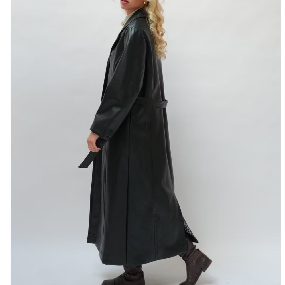 Y2K Black Faux Leather Ankle-Length Trench Coat